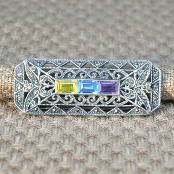 🔥 Large Vintage Sterling Marcasite Gemstone Art Deco Style Pendant And Brooch